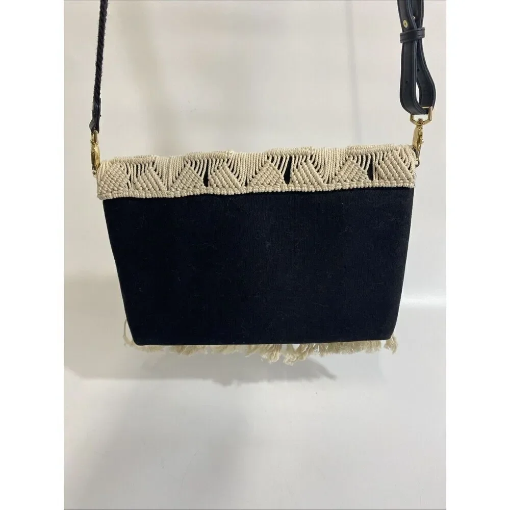 Stella & Dot Macrame Fringe Clutch Purse Evening Party Boho Black‎ & Cream